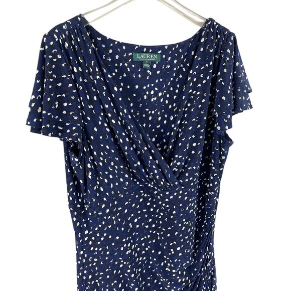 Ralph Lauren Geometric Dot Faux Wrap Ruched Flutter Sleeve Sheath Dress Size 14 - Picture 4 of 11